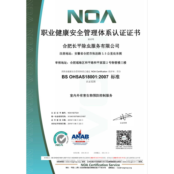 OHSAS18001 职业健康与安全管理体系认证证书